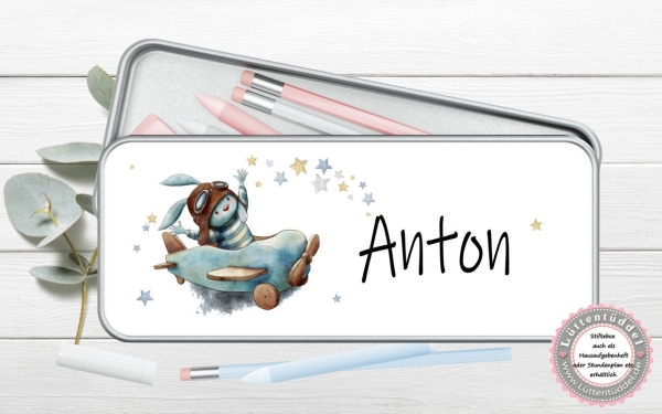 süße Stiftebox Geschenkdose Metall Hase Pilot Name personalisiert zur Einschulung oder nur so für Spickzettel und kleine Briefchen  von Lüttentüddel®